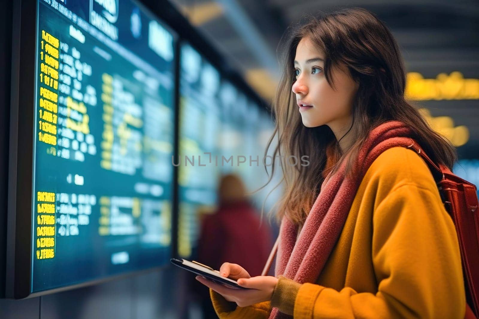 A woman with luggage looks at the airplane schedule board at the airport