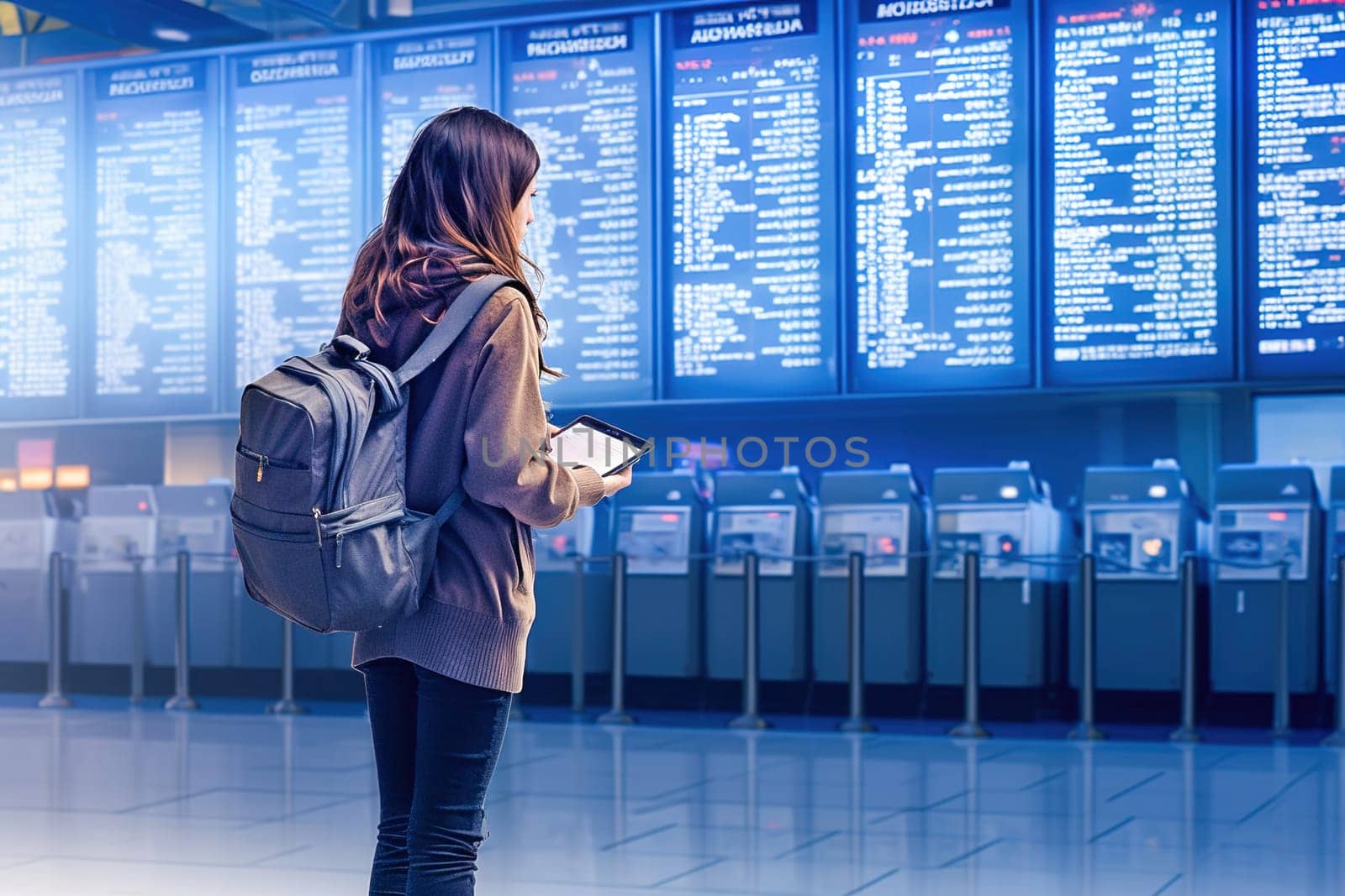 A woman with luggage looks at the airplane schedule board at the airport. by Yurich32