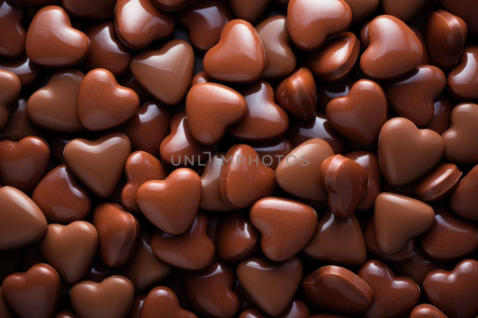 Chocolate candies in heart shape texture, AI Generated by Desperada