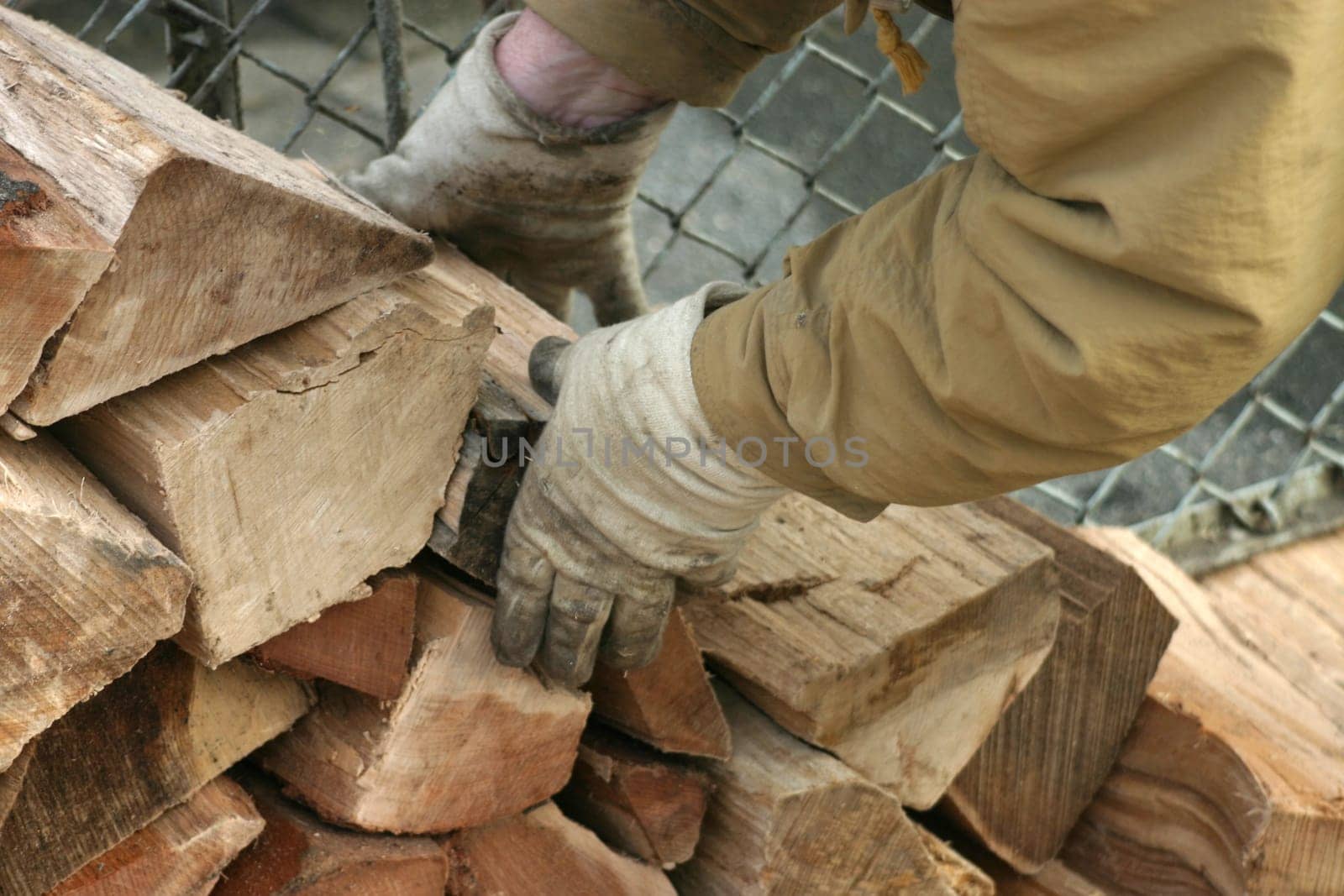 Close-up of hands in work gloves with logs