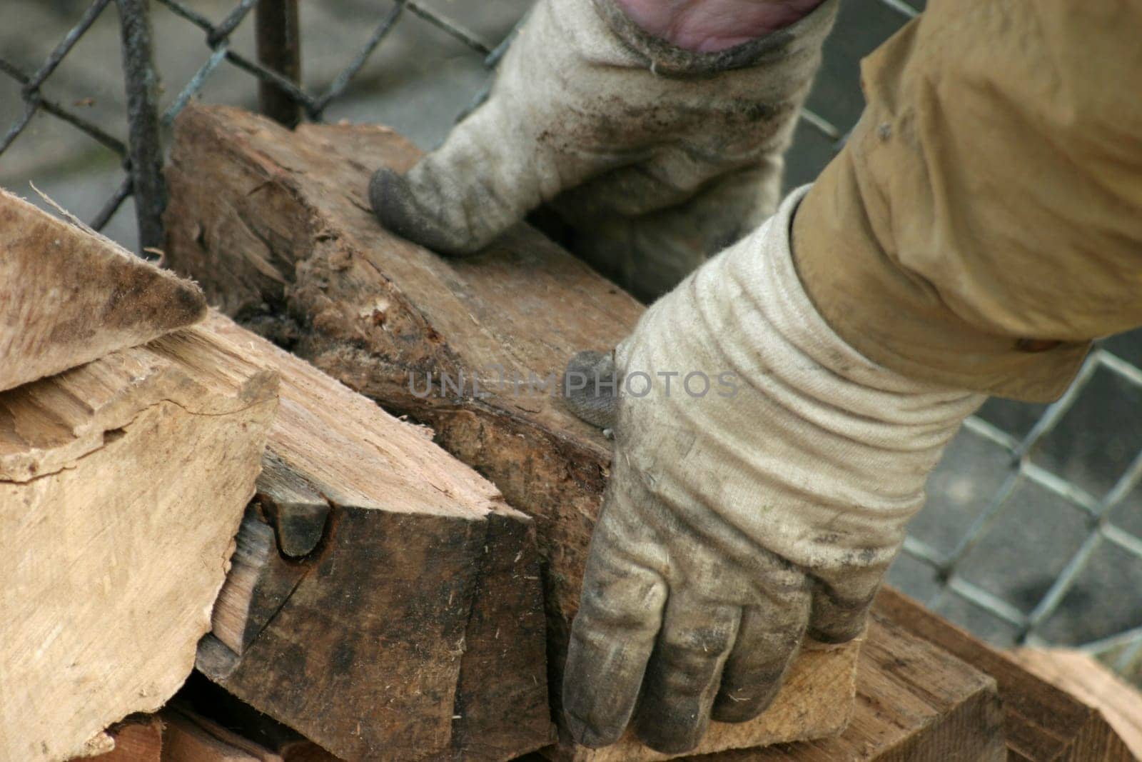 Close-up of hands in work gloves with logs