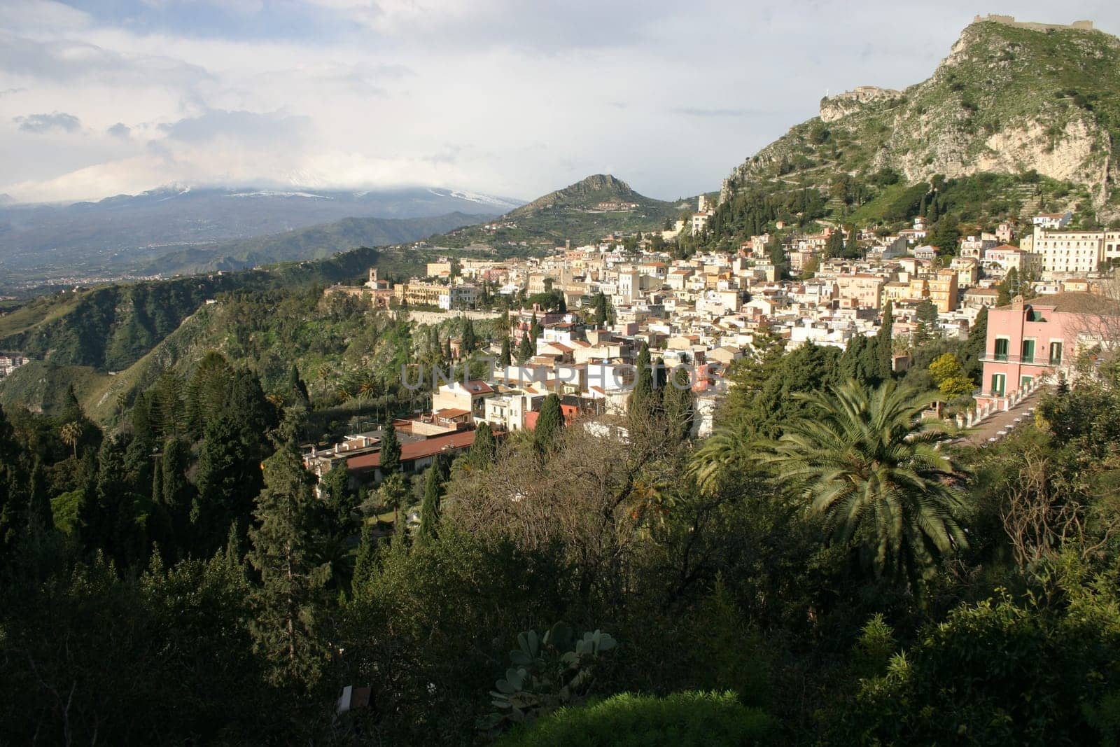 View of Taormina,Mount Etna in the background