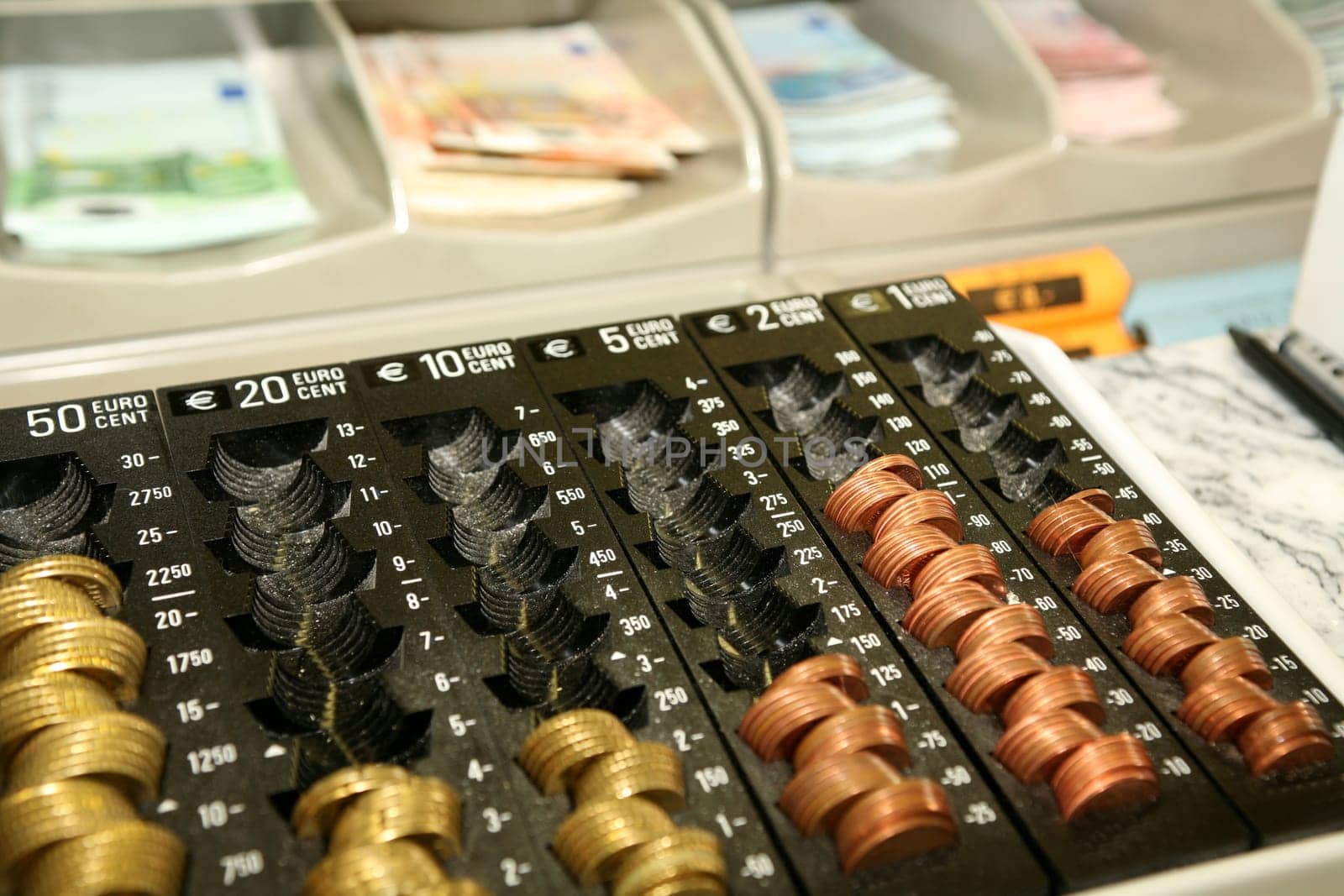 Cash counter in a bank from the cashier's point of view