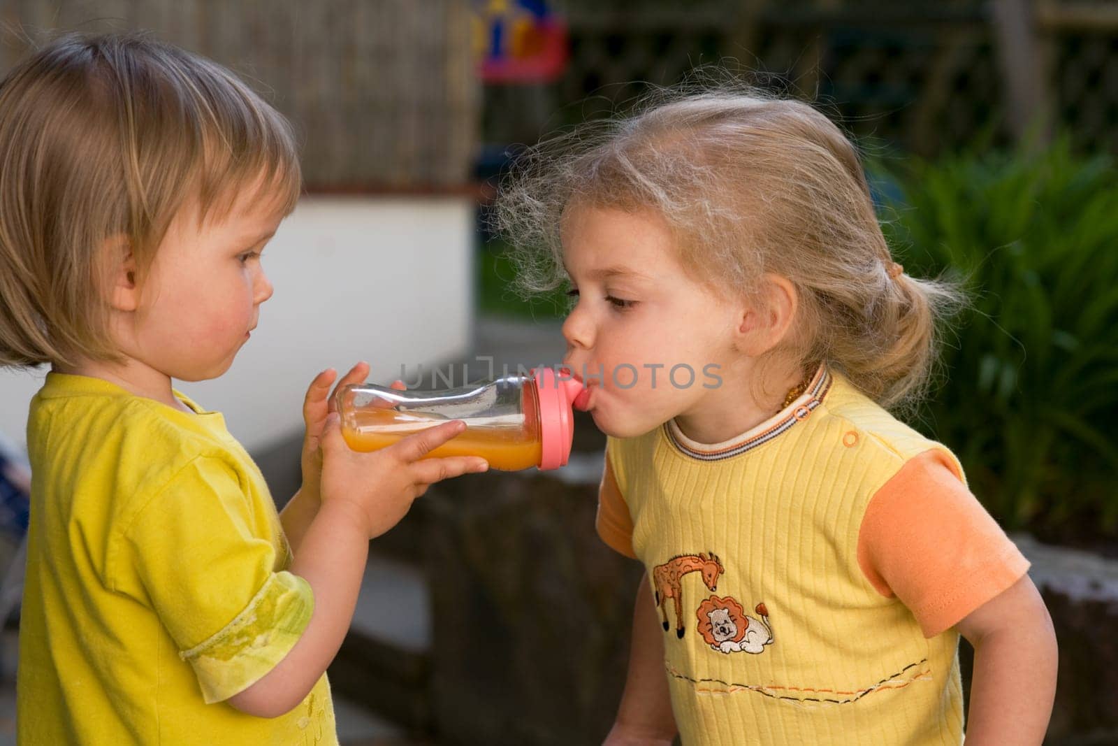 Two little girls,one gets the bottle from the other