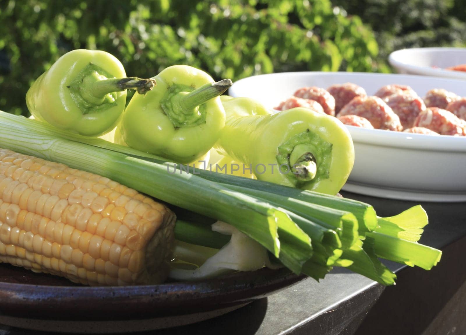 Peppers,corn,spring onions,meatballs and co.