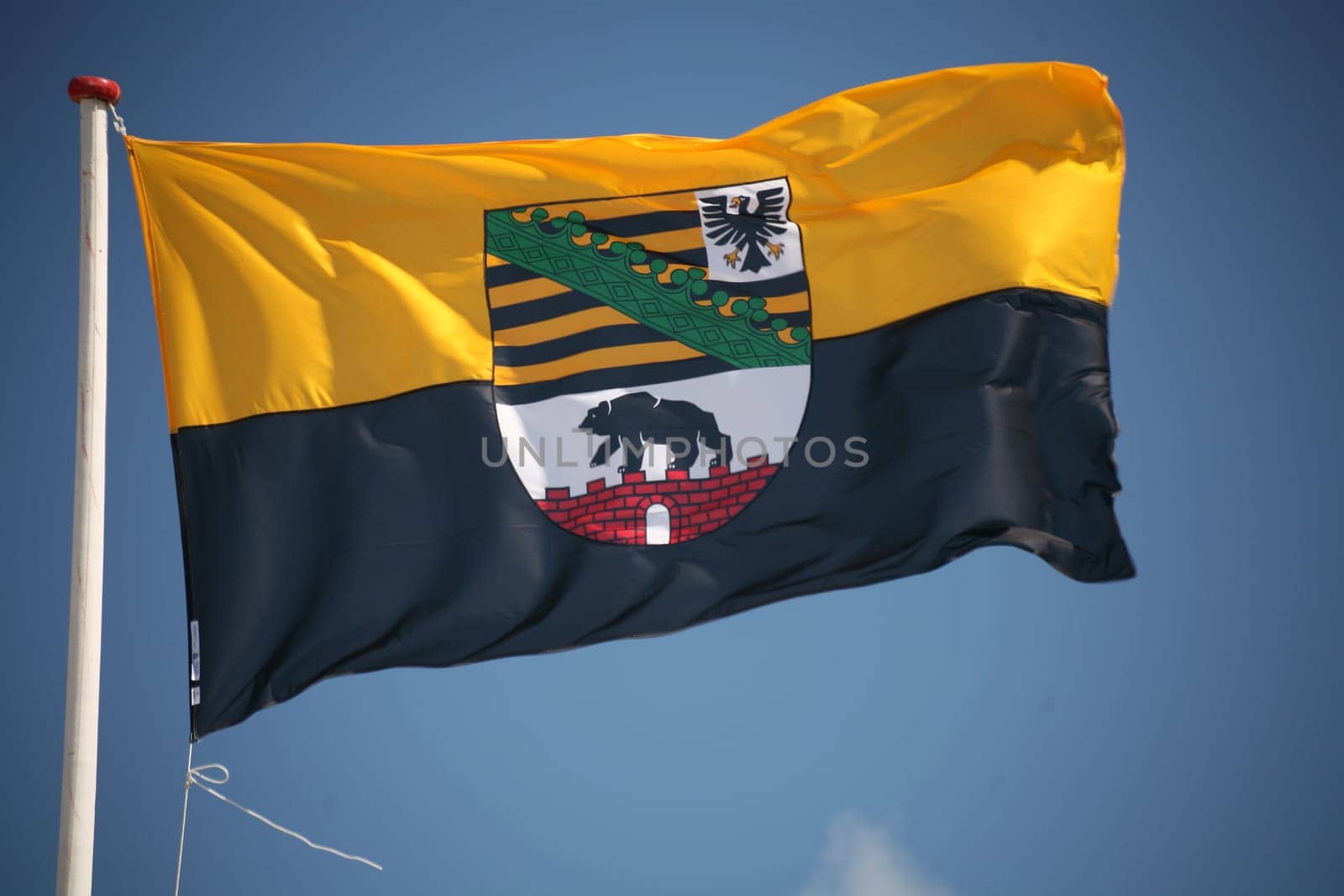 Flag of the German state of Saxony-Anhalt in front of a blue sky