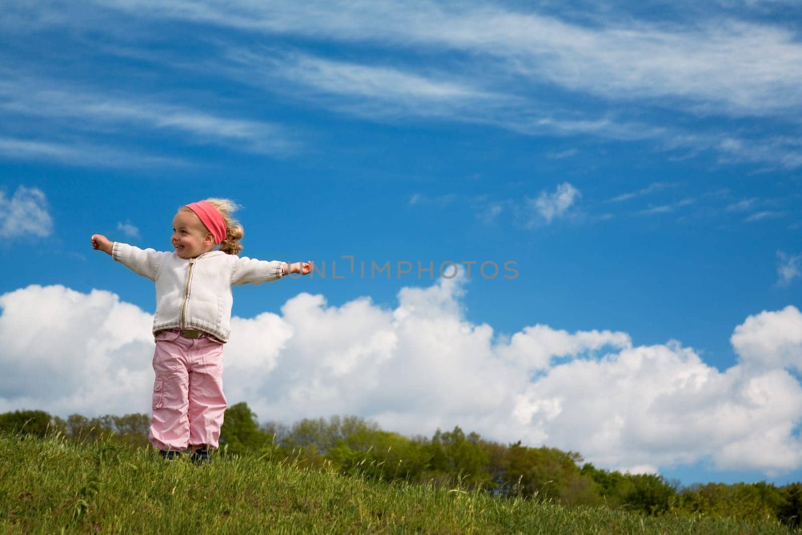 A little girl cheers with her arms raised in a meadow against a blue,slightly cloudy sky