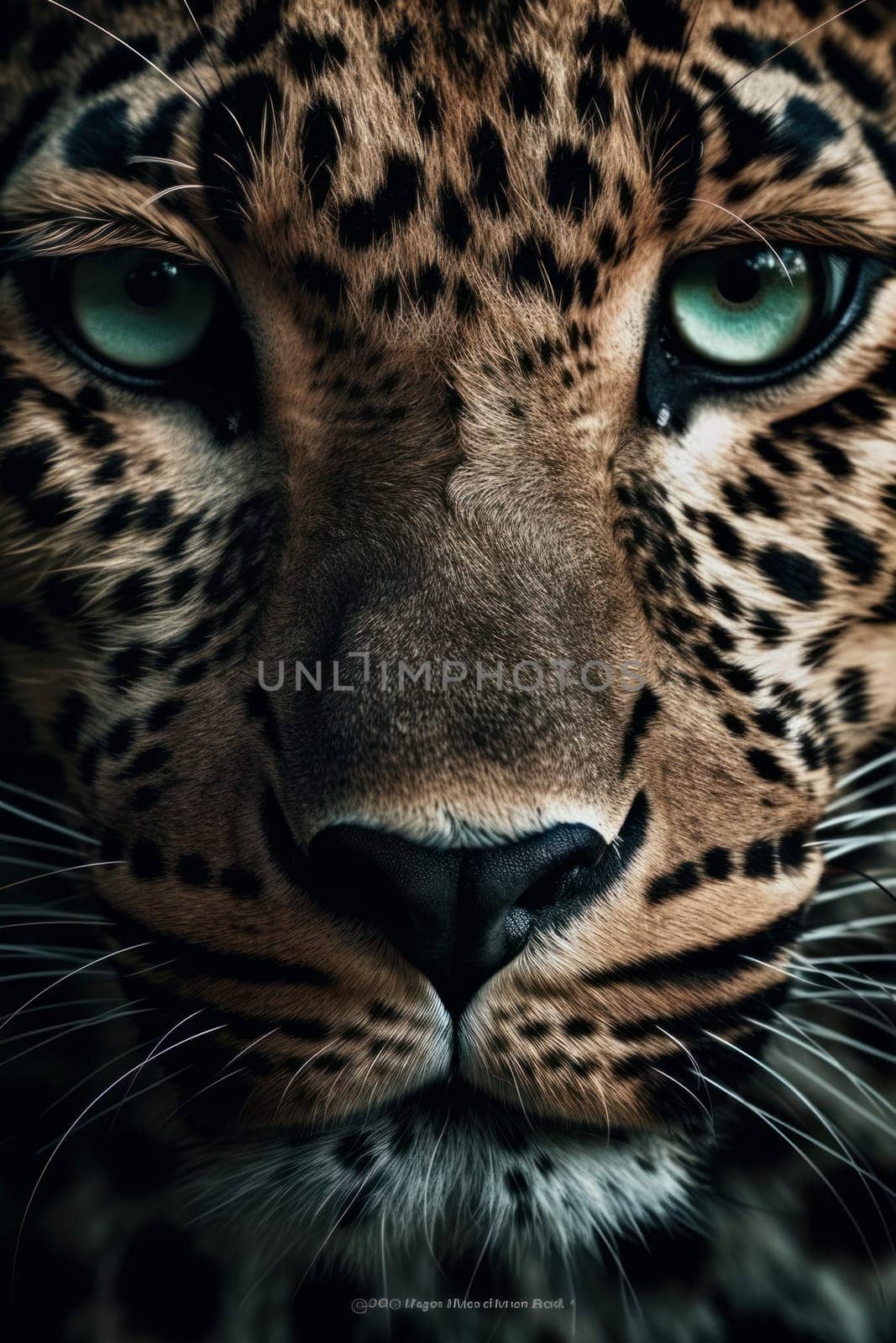 A stunning close-up shot of a leopard's face with captivating blue eyes by Sorapop