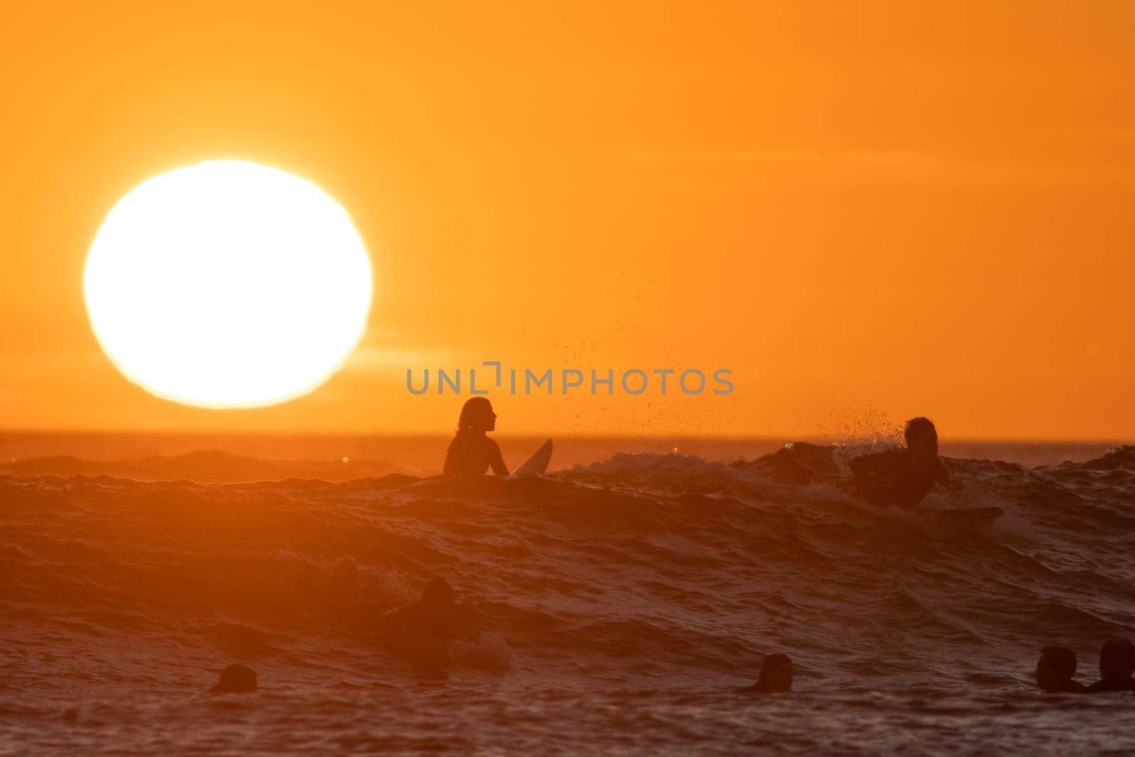 Surfers swimming in the sea at bright orange sunset - huge shining sun. Mid shot