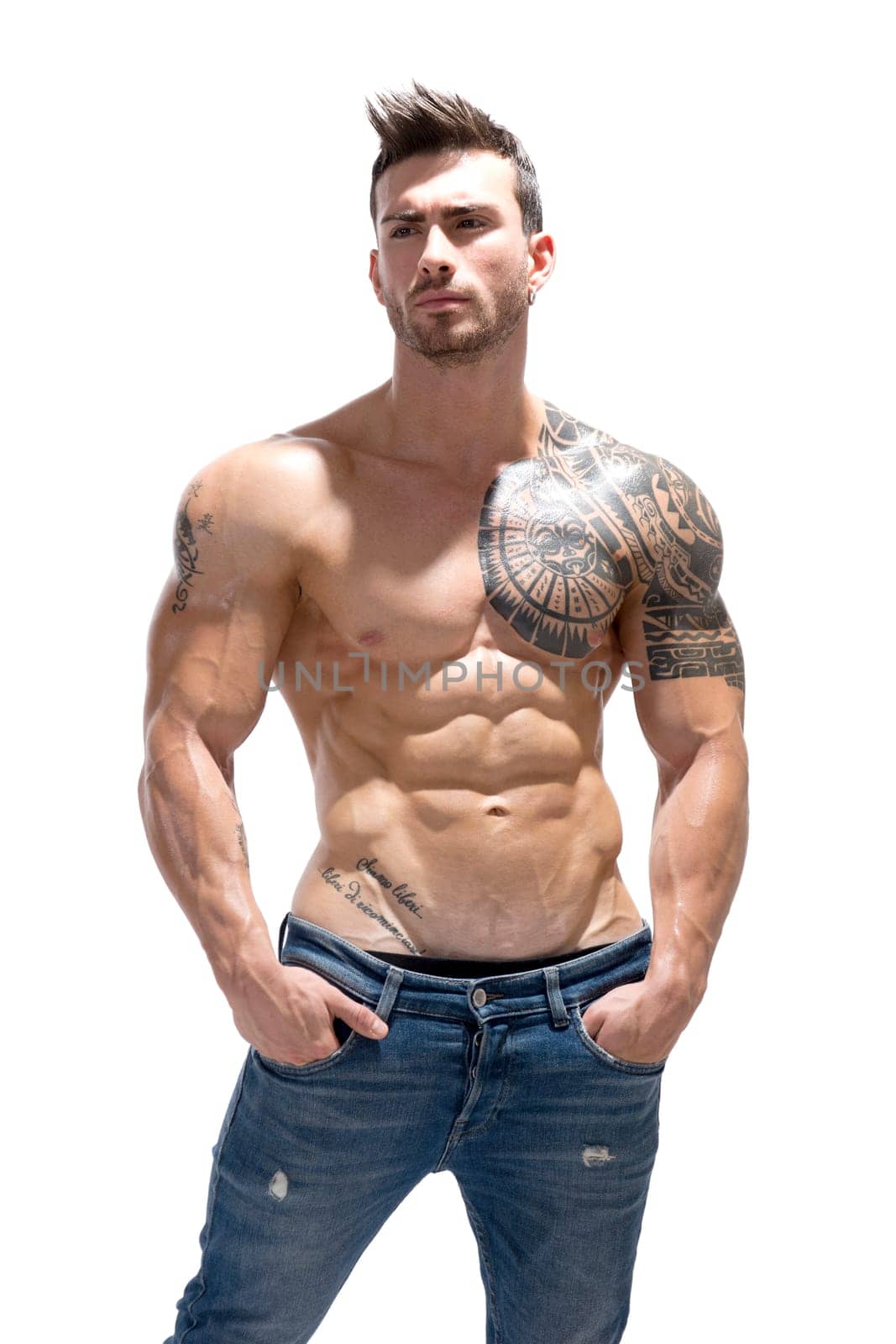 Handsome shirtless athletic man with arms crossed on muscular chest by artofphoto