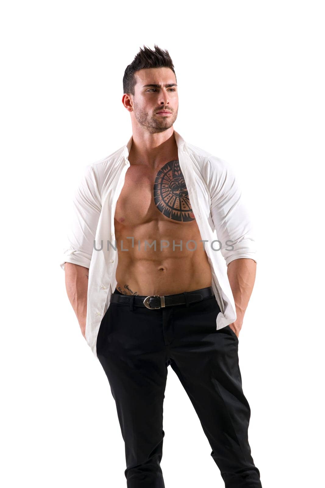 Confident, attractive young man with open shirt on muscular chest by artofphoto