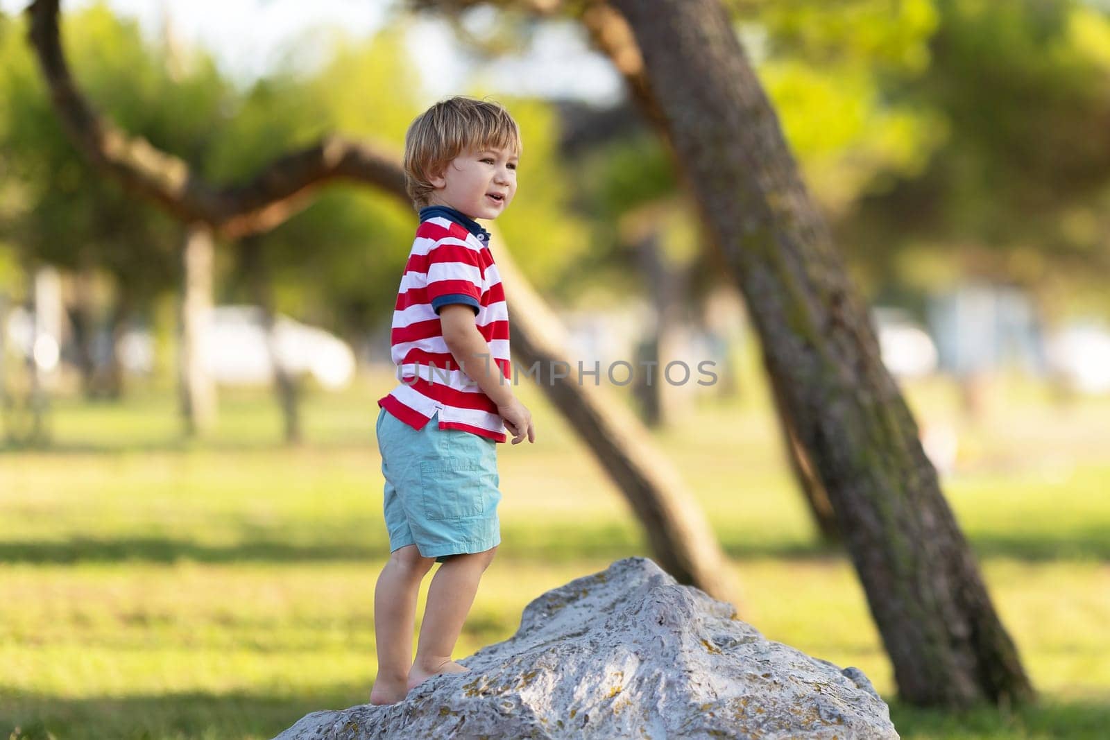 Little cute boy climbed on a rock in the park and looks around. Mid shot