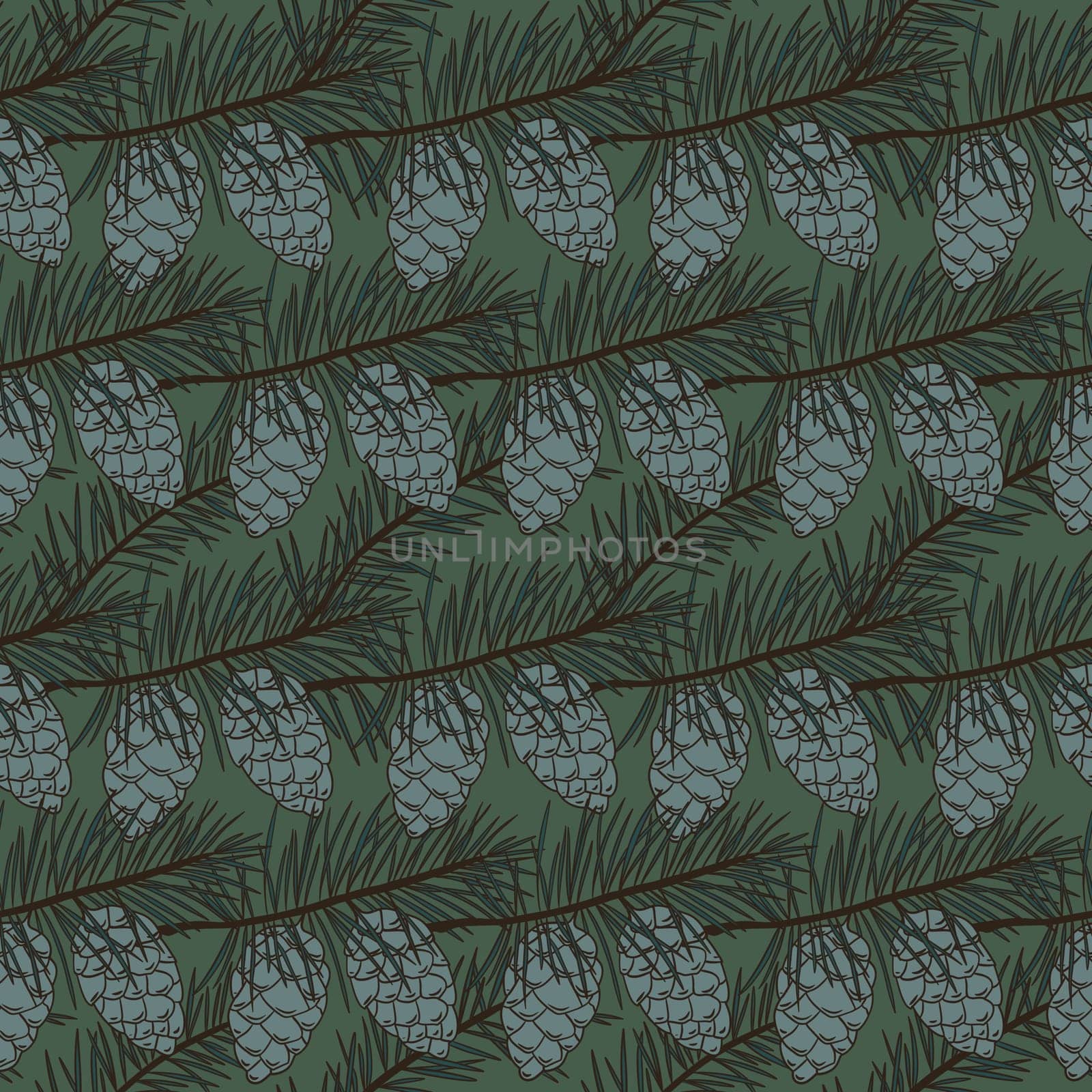 Hand drawn seamless pattern with pine conifer spruce branches twigs and cones on dark sage green background, Christmas winter new year print for textile wrapping paper, natural colors forest wood evergreen