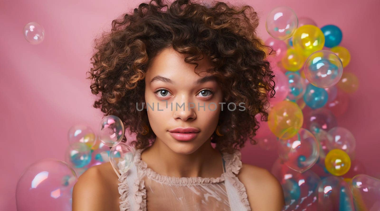 Young Pretty Hispanic, Latino Girl with Smiling Face Expression in Beautiful Dress and Flying Around Soap Bubble, Balls on Pink Background. Birthday Woman Of Generation Z. AI Generated.