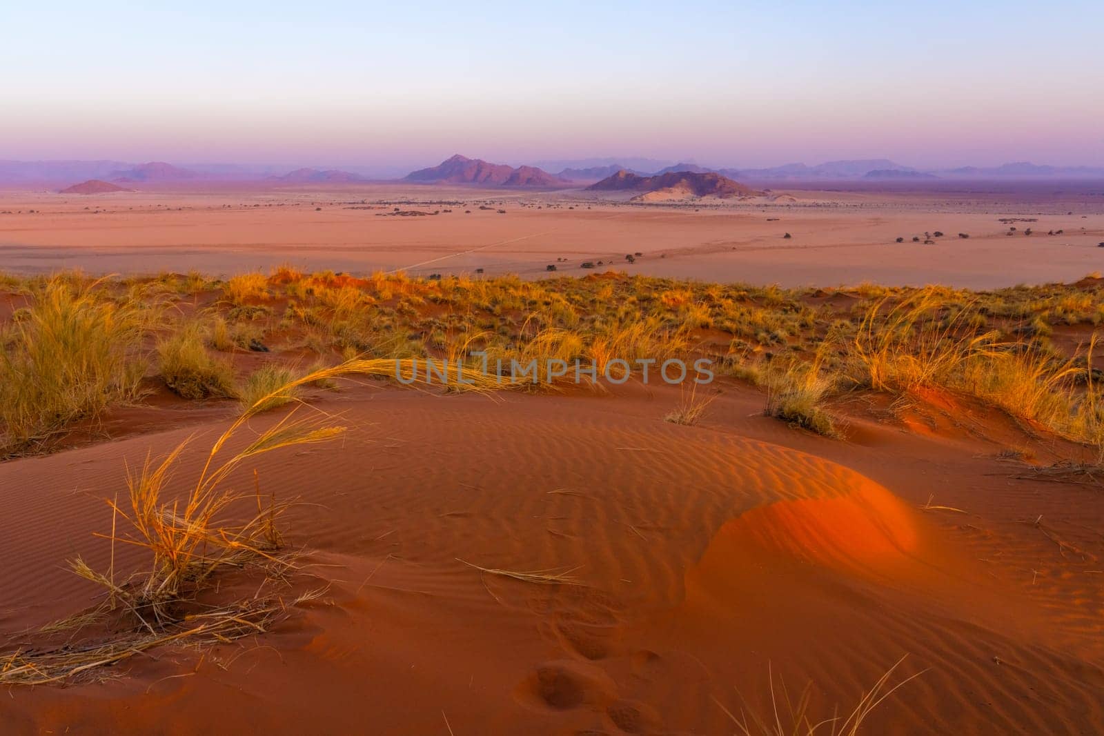View of Sesriem at sunset from the top of the Elim dune in Namibia in Africa.