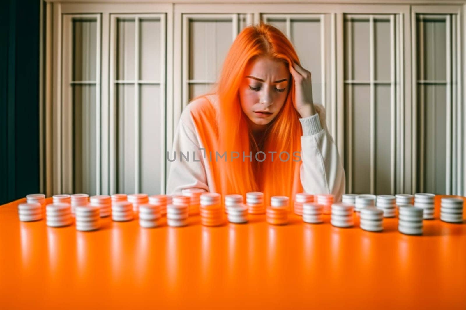 woman tired and stressed with group of multi colored medicine illustration