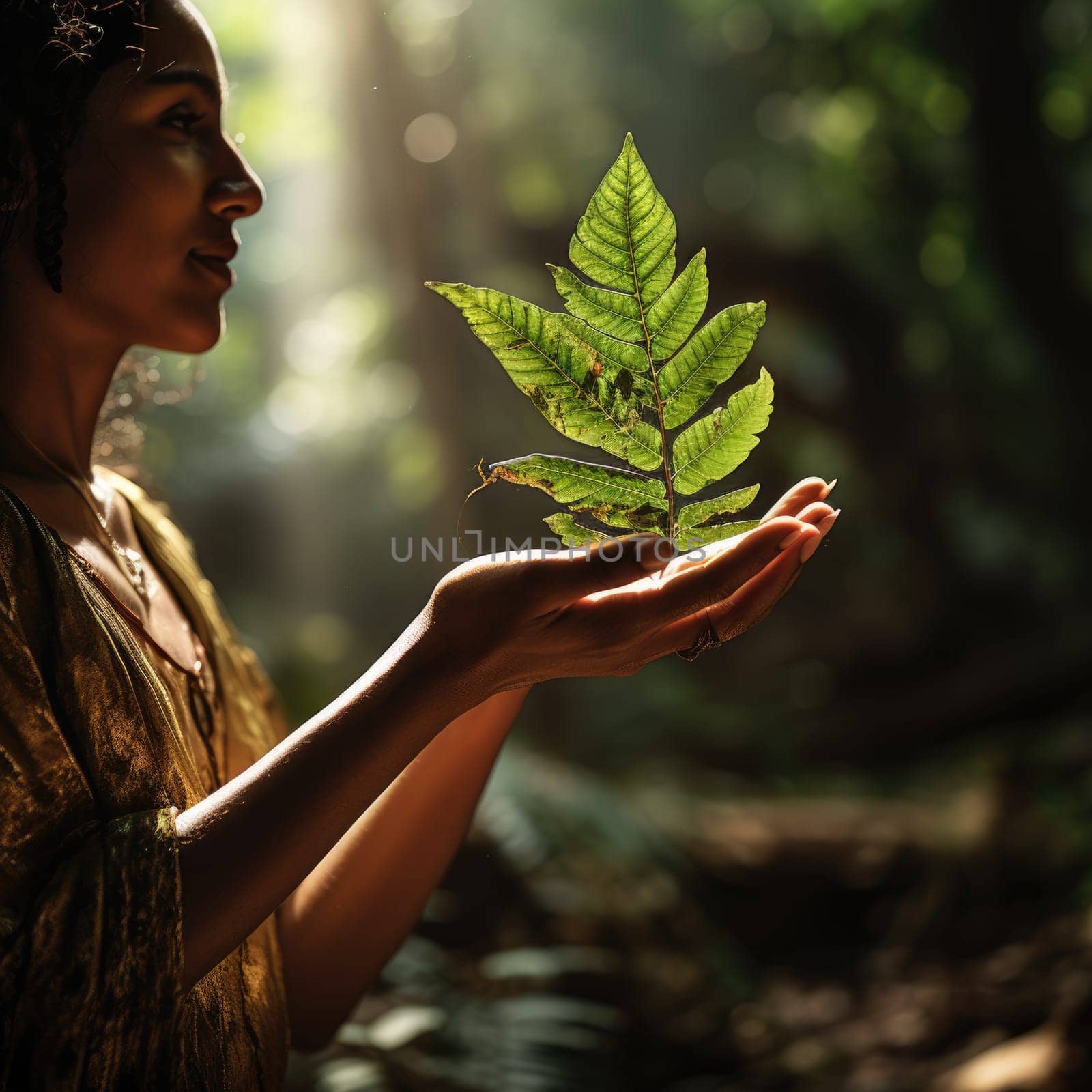 A woman's hand and a fern leaf. Man and nature. A woman's hand and a fern leaf. AI Generated