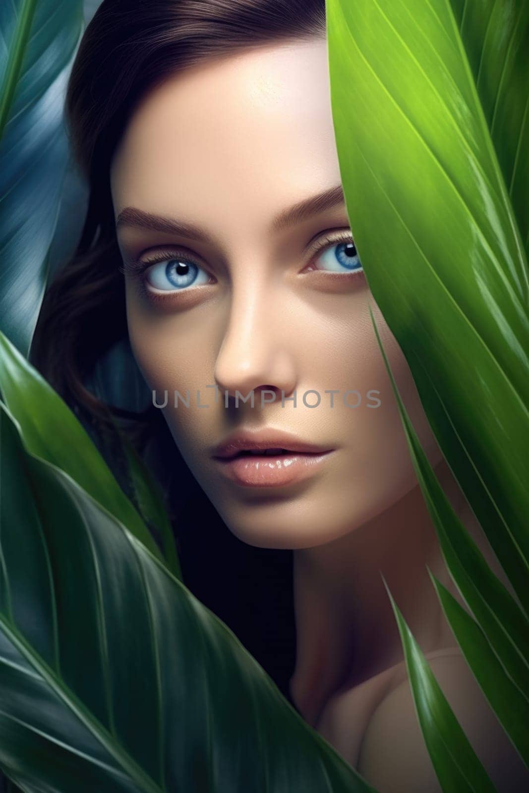 portrait of tender woman looking out of palm leaf , AI Generated