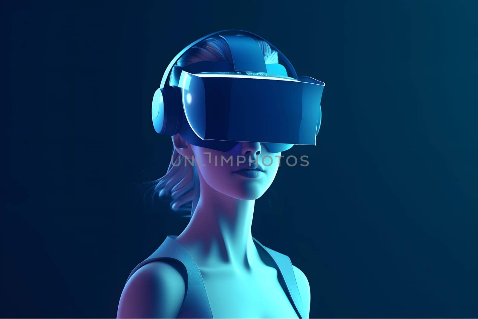 young caucasian woman in VR goggles on dark background, neural network generated art. Digitally generated image. Not based on any actual person, scene or pattern.