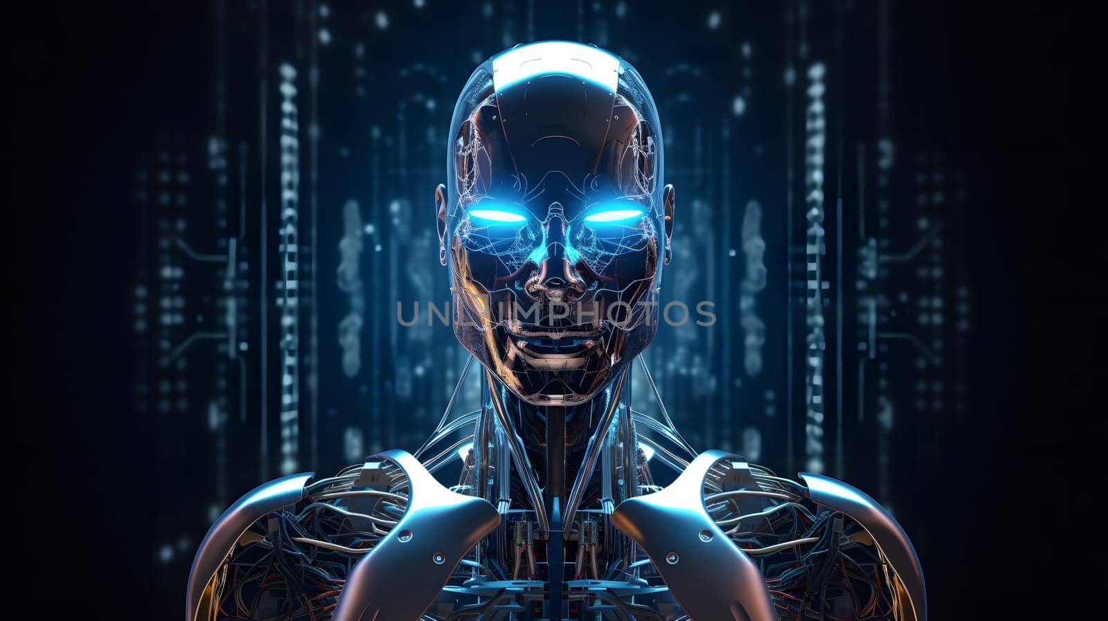 anthropomorphic humanoid robot head portrait on dark background in blue tones, neural network generated art. Digitally generated image. Not based on any actual person, scene or pattern.