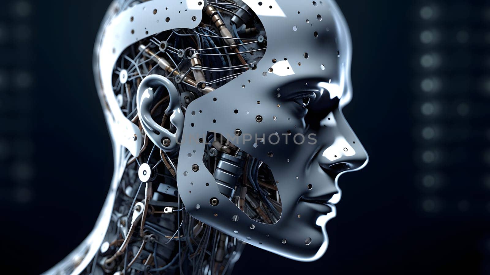 anthropomorphic humanoid robot head portrait on dark background in blue tones, neural network generated art. Digitally generated image. Not based on any actual person, scene or pattern.