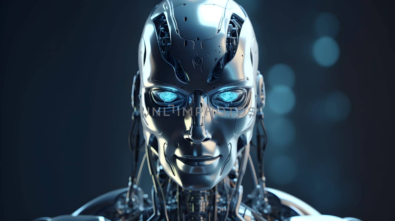 anthropomorphic humanoid robot head portrait on dark background in blue tones, neural network generated art by z1b