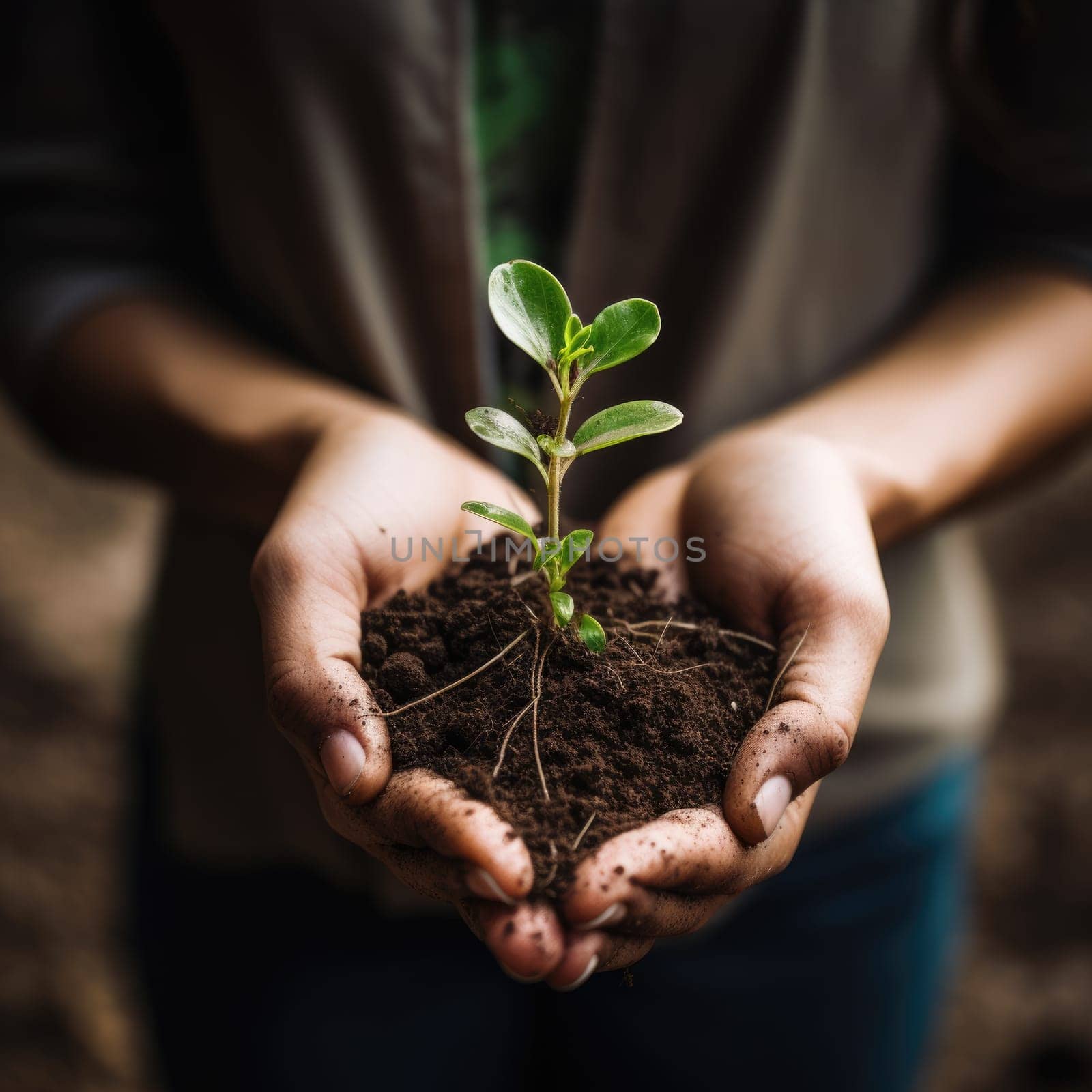 young sprout in female hands, care concept. AI Generated