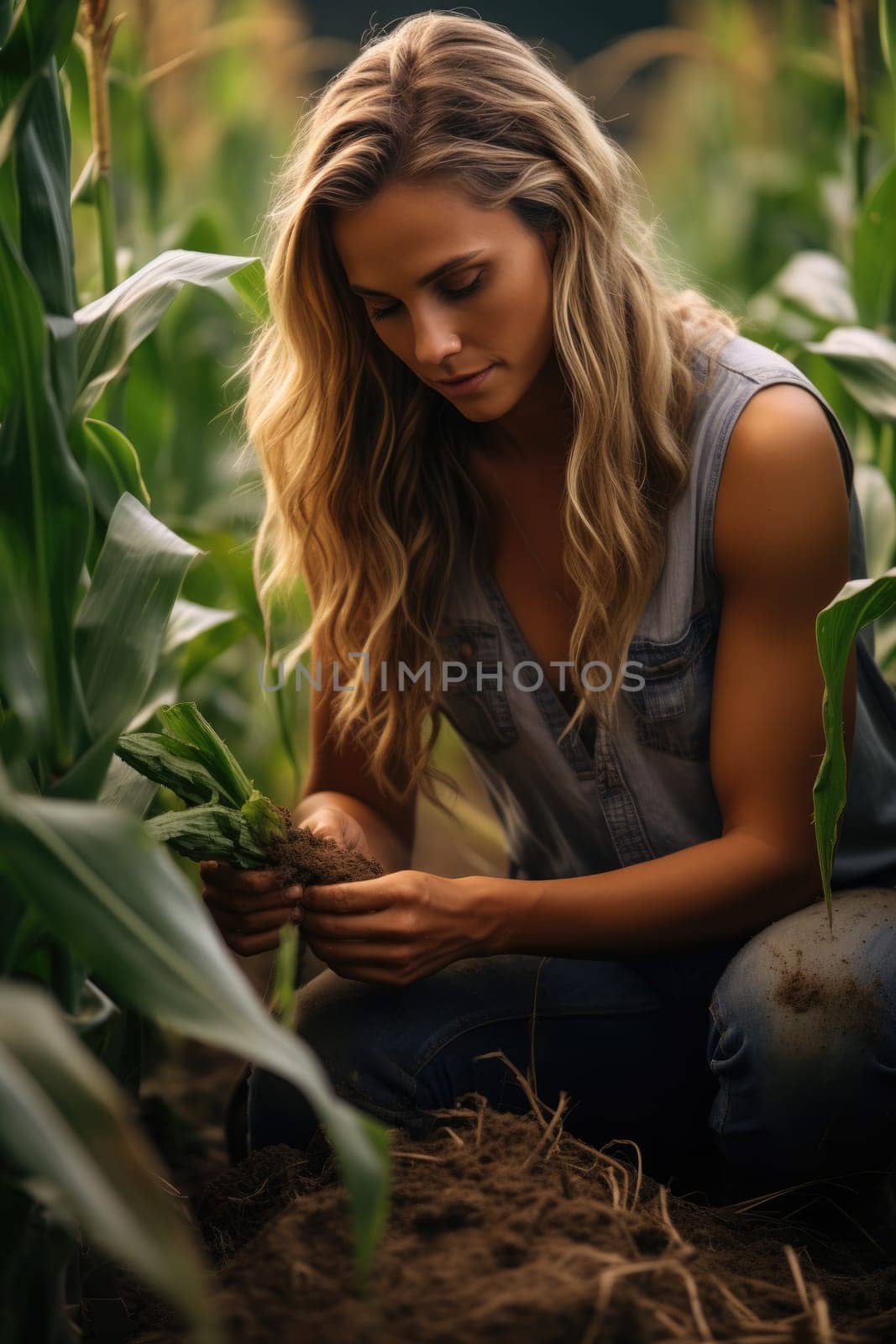 woman farmer assessing the quality of corn on green farm at sunset, AI Generated