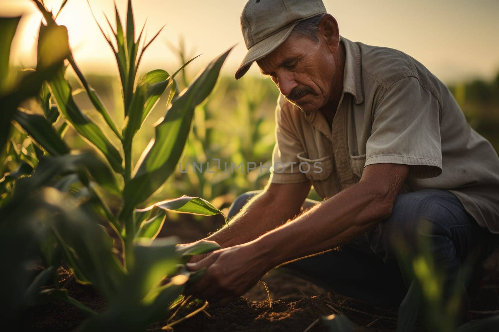 The farmer assessing the quality of corn on green farm at sunset, AI Generated