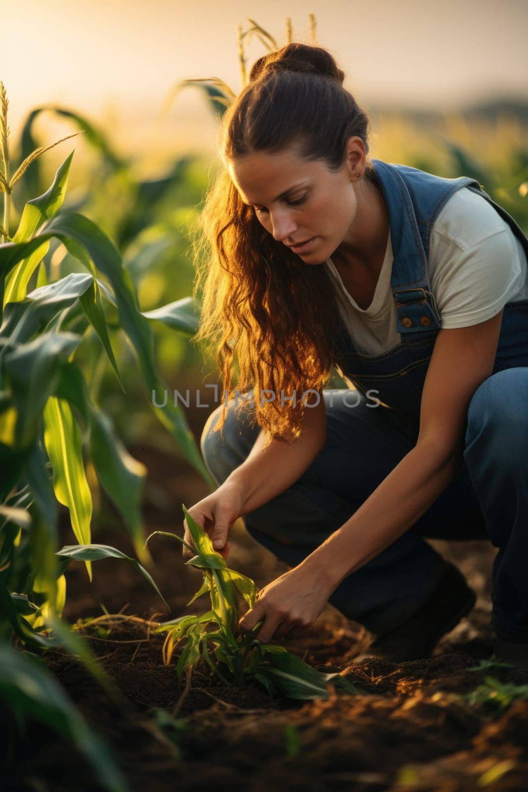 woman farmer assessing the quality of corn on green farm at sunset, AI Generated