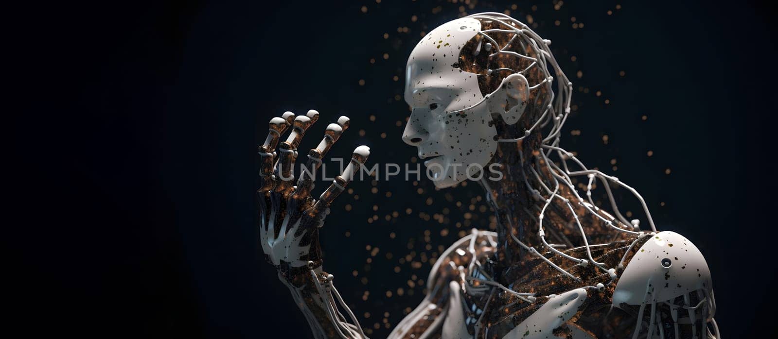 anthropomorphic humanoid robot looking on his hand on black background, neural network generated art. Digitally generated image. Not based on any actual person, scene or pattern.