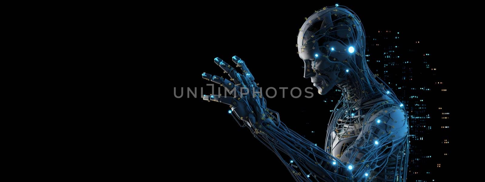 anthropomorphic humanoid robot reaches out by hand on black background, neural network generated art. Digitally generated image. Not based on any actual person, scene or pattern.