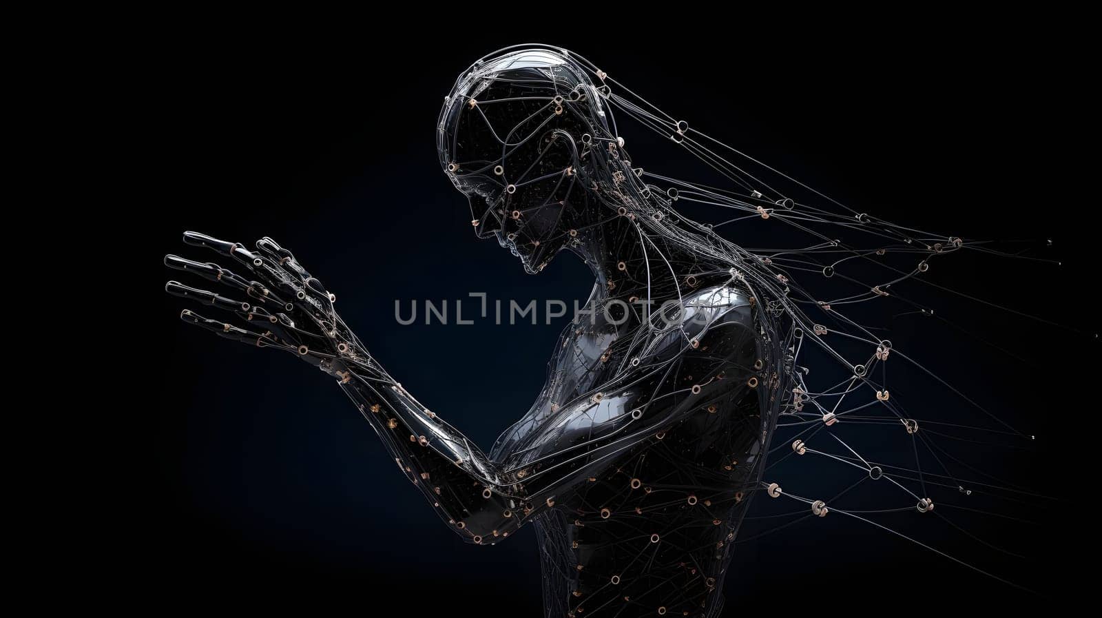 anthropomorphic humanoid robot reaches out by hand on black background, neural network generated art by z1b