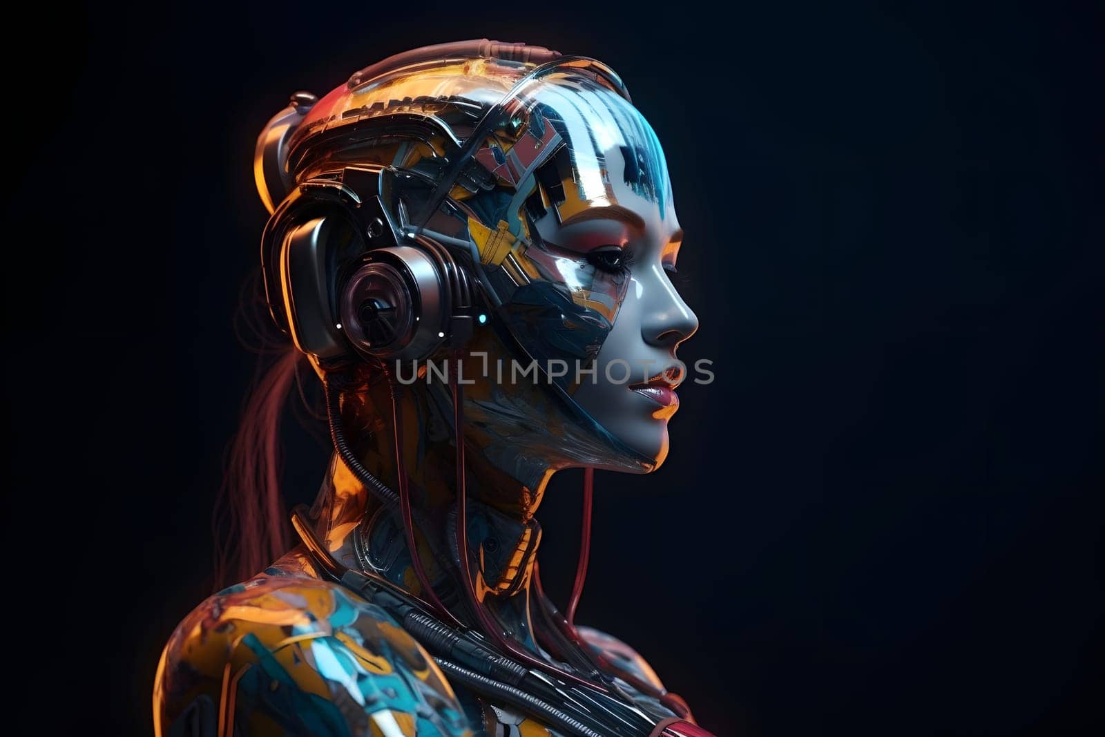 anthropomorphic humanoid female robot head portrait on dark background in blue tones, neural network generated art by z1b