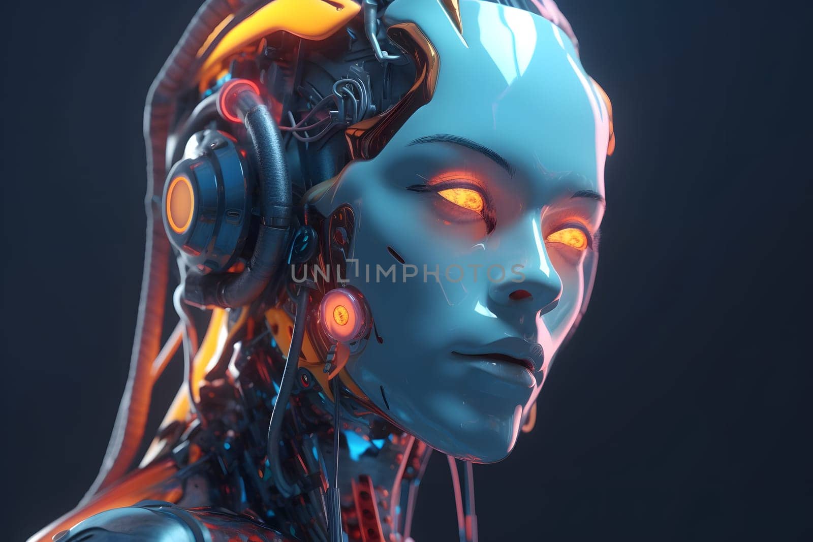 anthropomorphic humanoid female robot head portrait on dark background in blue tones, neural network generated art. Digitally generated image. Not based on any actual person, scene or pattern.