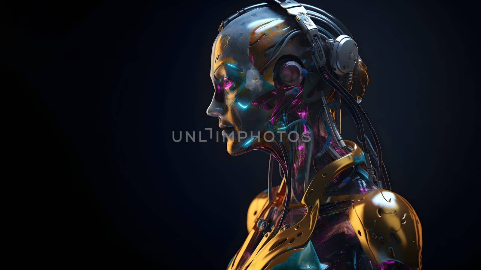 anthropomorphic humanoid female robot head portrait on dark background in blue tones, neural network generated art by z1b