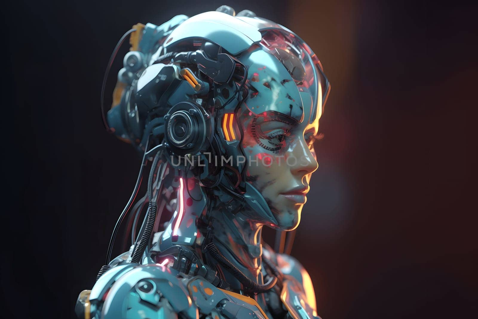 anthropomorphic humanoid female robot head portrait on dark background in blue tones, neural network generated art. Digitally generated image. Not based on any actual person, scene or pattern.