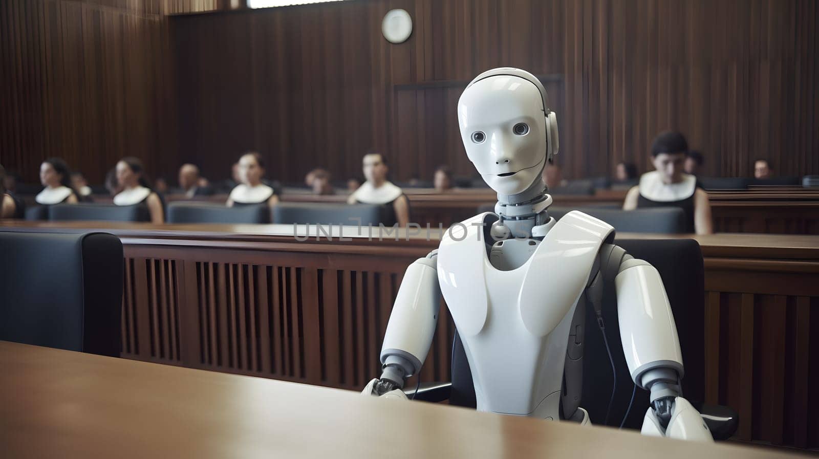 Anthropomorphic robot in human court, neural network generated art, AI law concept by z1b