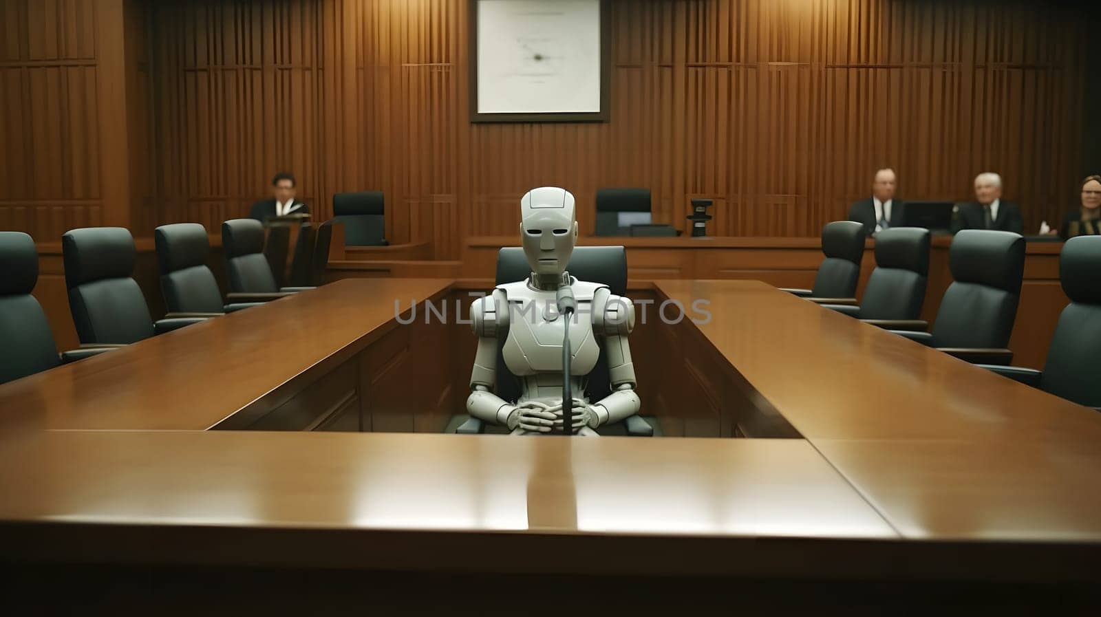 Anthropomorphic robot in human court, neural network generated art. AI law concept. Digitally generated image. Not based on any actual person, scene or pattern.