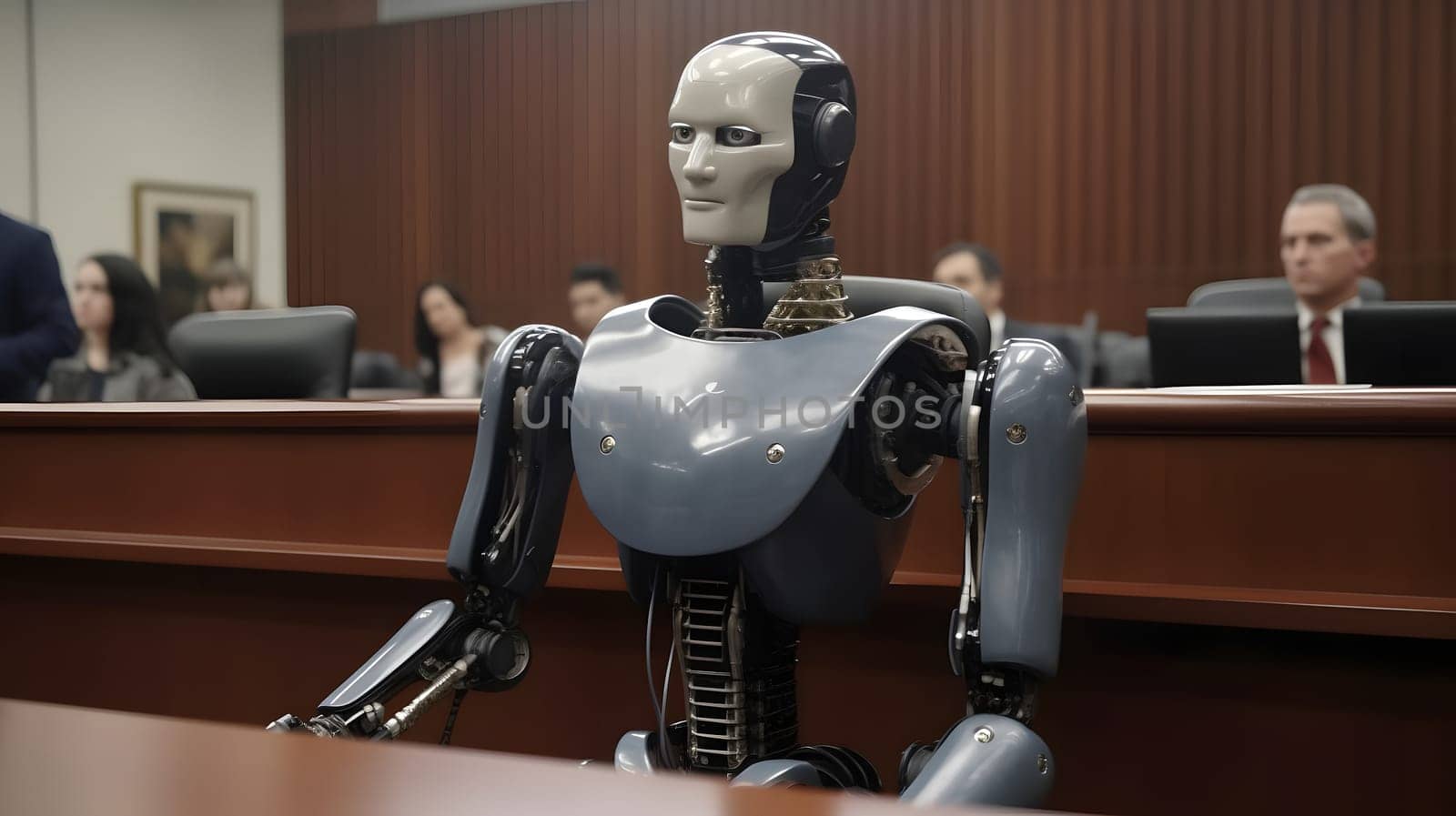 Anthropomorphic robot in human court, neural network generated art, AI law concept by z1b