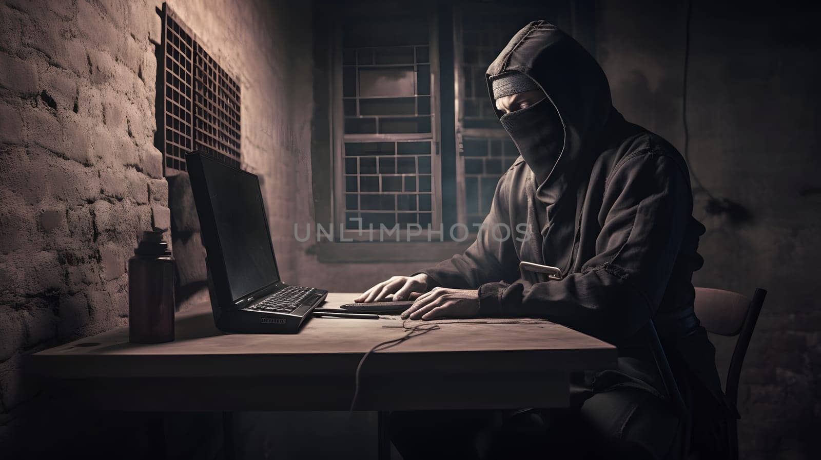 mysterious ninja working with computer in a basement, neural network generated art. Digitally generated image. Not based on any actual person, scene or pattern.