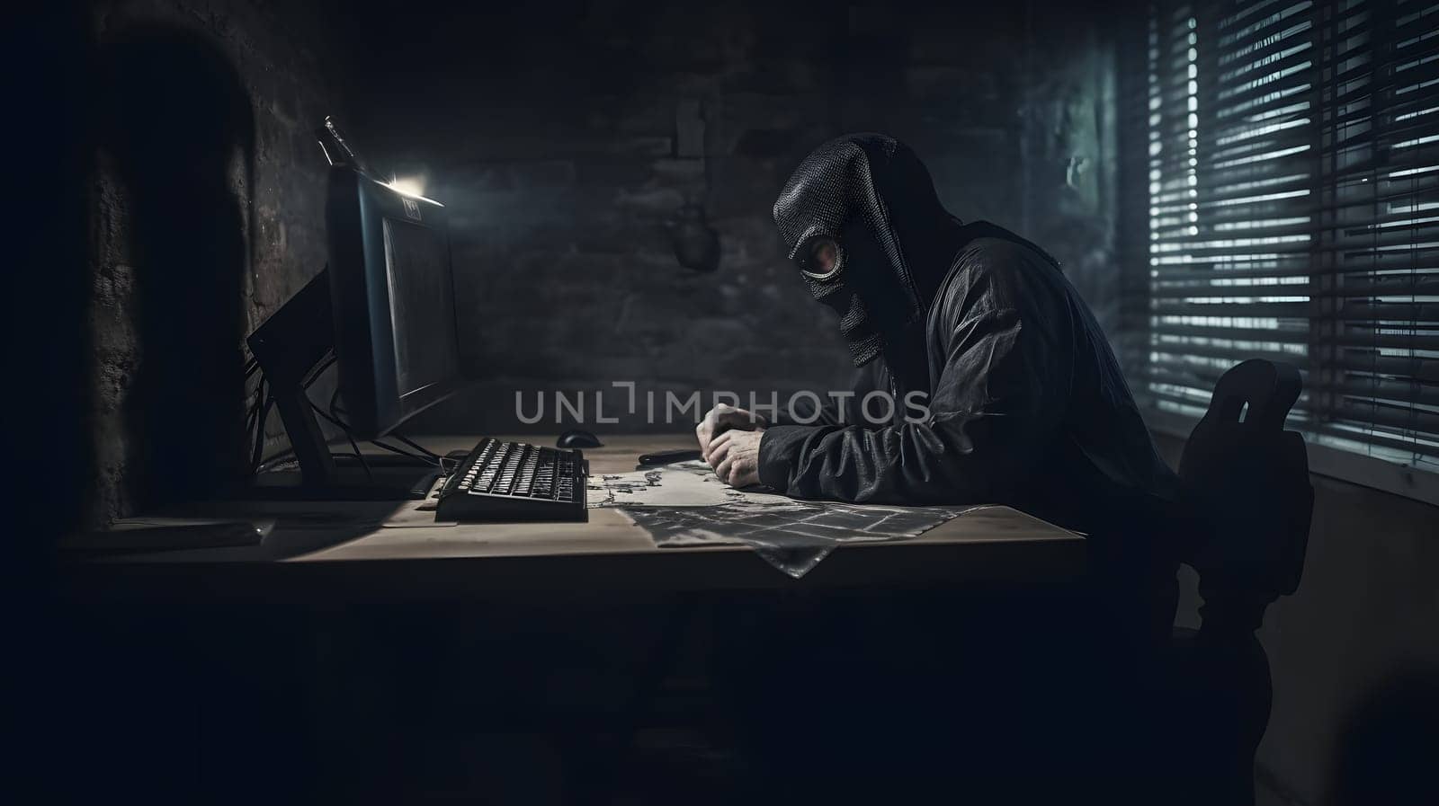 mysterious ninja working with computer in a basement, neural network generated art. Digitally generated image. Not based on any actual person, scene or pattern.