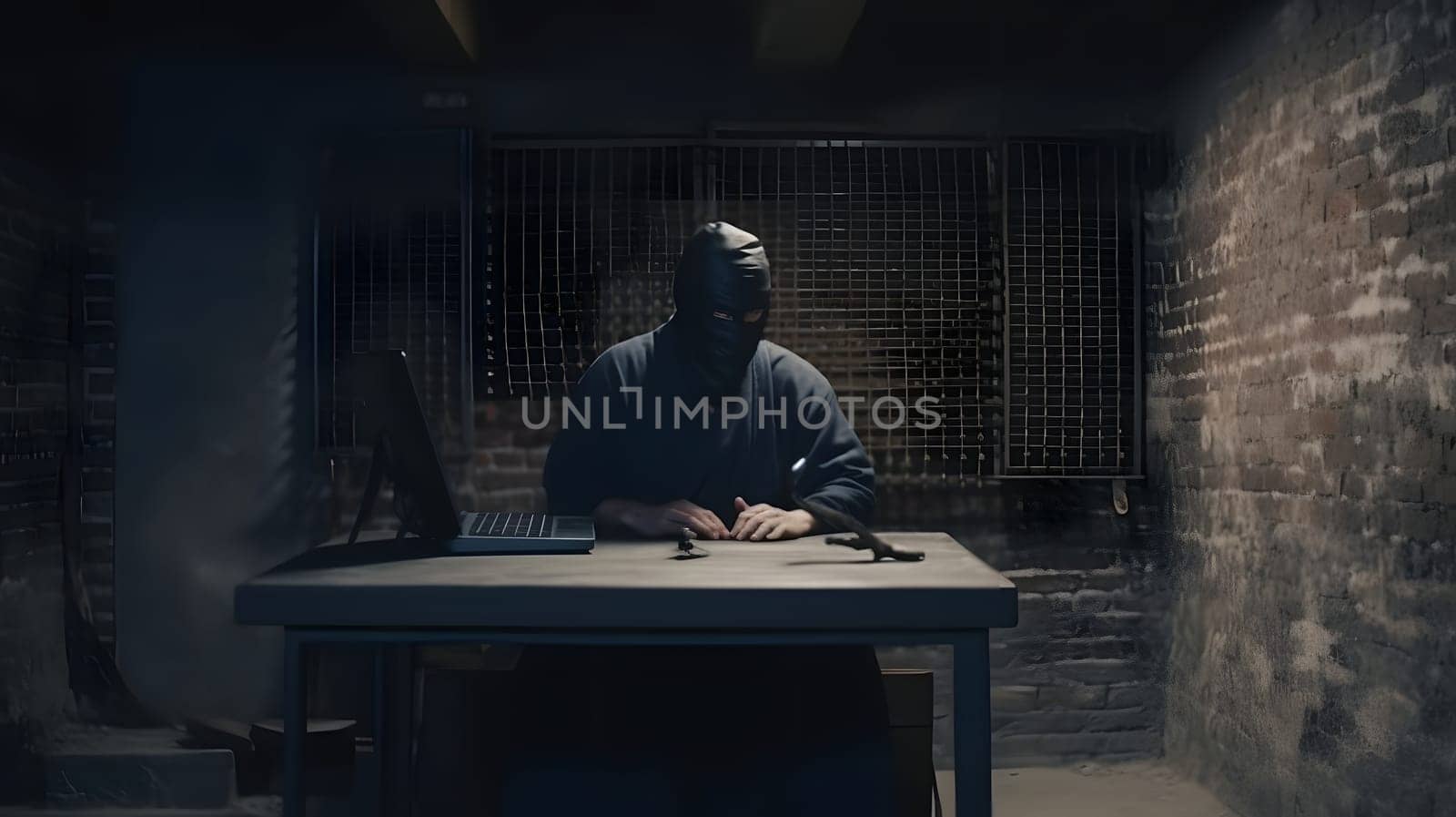 mysterious ninja working with laptop in a basement, neural network generated art. Digitally generated image. Not based on any actual person, scene or pattern.
