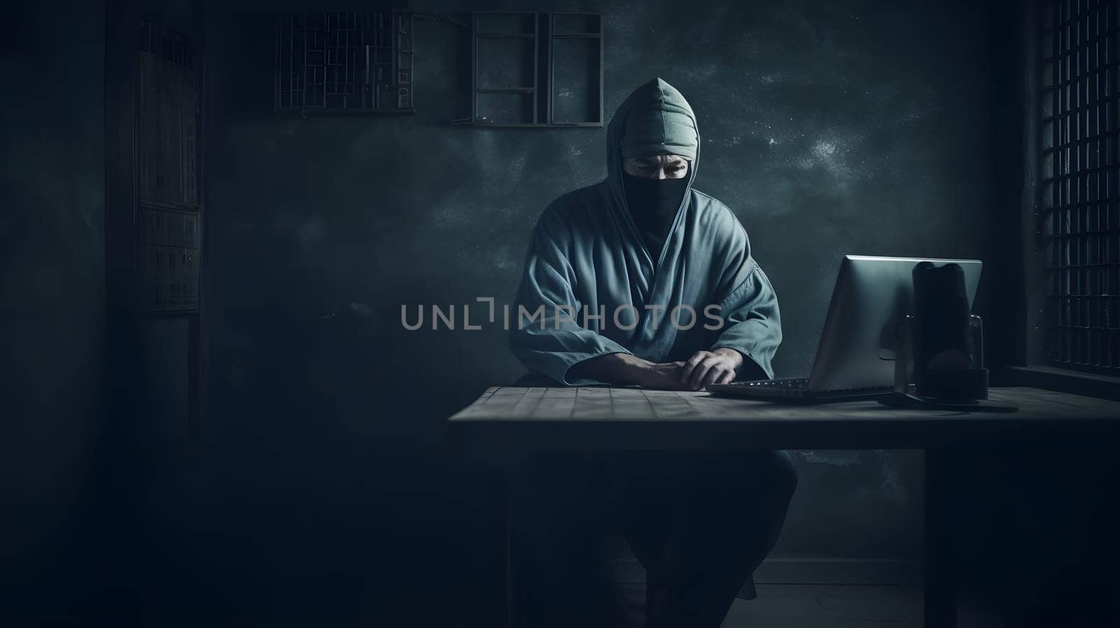mysterious ninja working with laptop in a basement, neural network generated art. Digitally generated image. Not based on any actual person, scene or pattern.