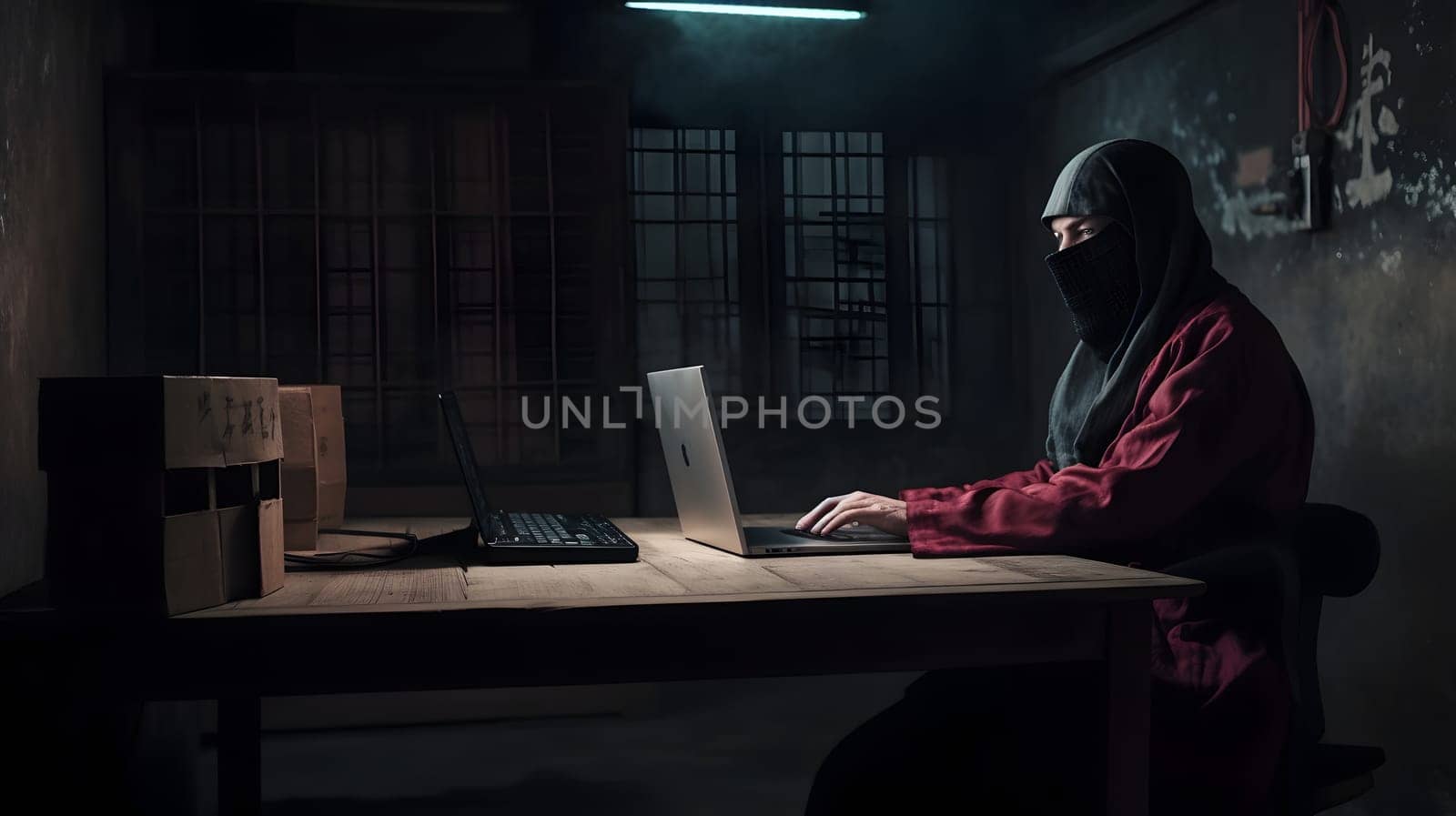 mysterious ninja working with laptop in a basement, neural network generated art. Digitally generated image. Not based on any actual person, scene or pattern.