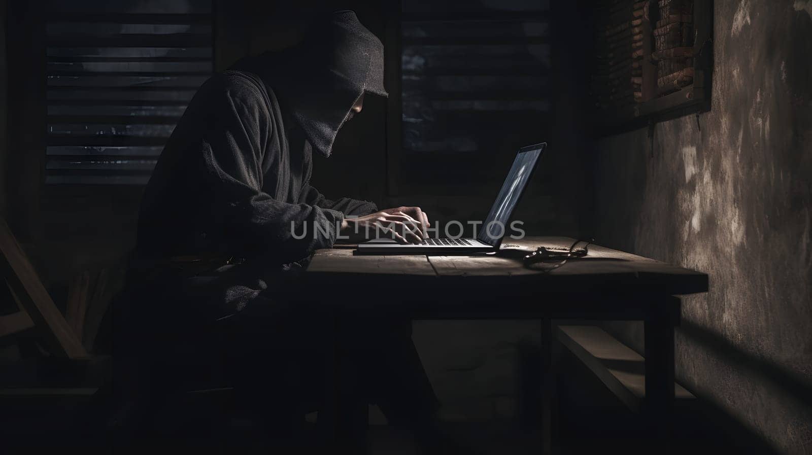 mysterious ninja working with laptop in a basement, neural network generated art. Digitally generated image. Not based on any actual person, scene or pattern.