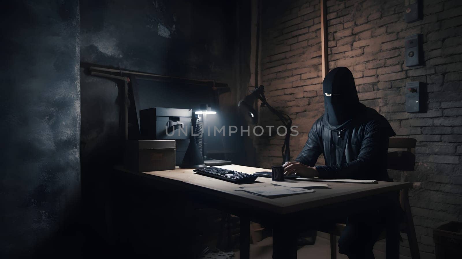 mysterious ninja working with laptop in a basement, neural network generated art. Digitally generated image. Not based on any actual person, scene or pattern.