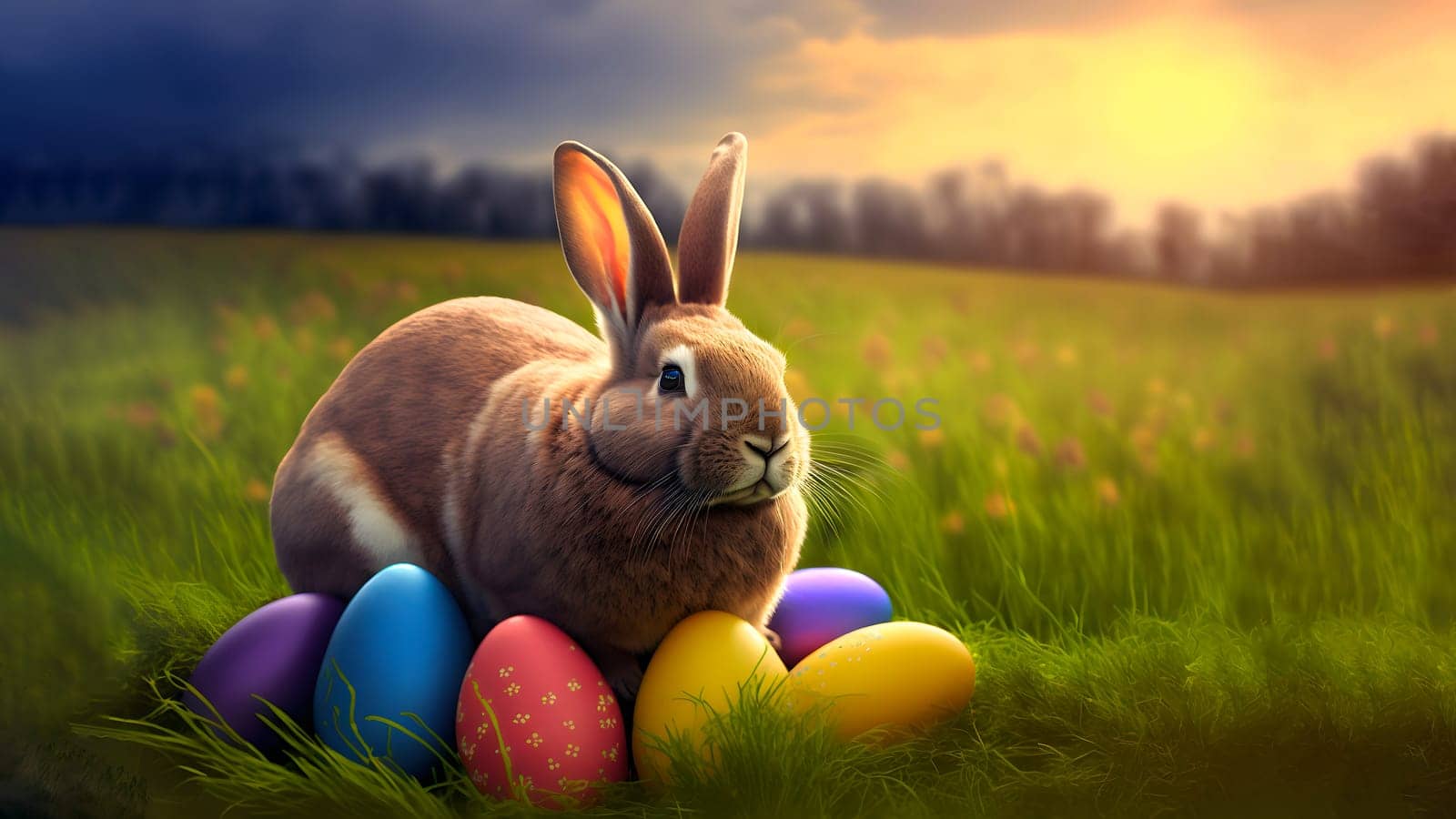 Easter bunny or rabbit on spring meadow with eggs flowers at sintise, holiday greeting card, neural network generated art. Digitally generated image. Not based on any actual person, scene or pattern.