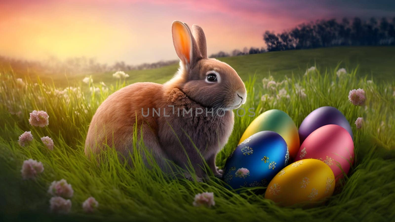 Easter bunny or rabbit on spring meadow with eggs flowers at sintise, holiday greeting card, neural network generated art. Digitally generated image. Not based on any actual person, scene or pattern.