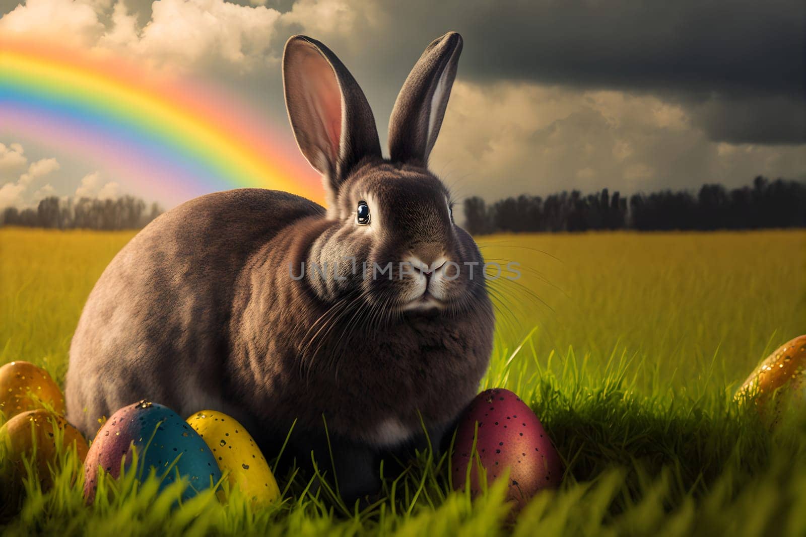 Easter bunny or rabbit on spring meadow with eggs flowers at sintise, holiday greeting card, neural network generated art. Digitally generated image. Not based on any actual person, scene or pattern.